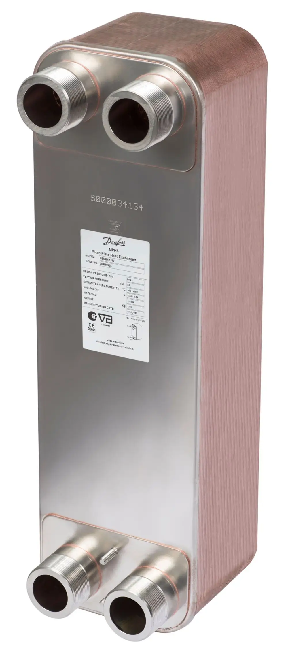 Wärmeübertrager aus Edelstahl mit mehreren Anschlüssen, gefertigt von Danfoss. Auf der Vorderseite befindet sich ein Typenschild mit technischen Daten.
